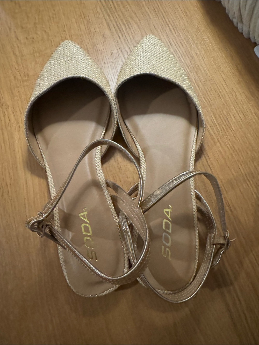 Soda Women's Metallic Gold Pointed D'Orsay Flats with Ankle Strap